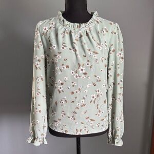 Sage Green Floral Ruffle Neck Top